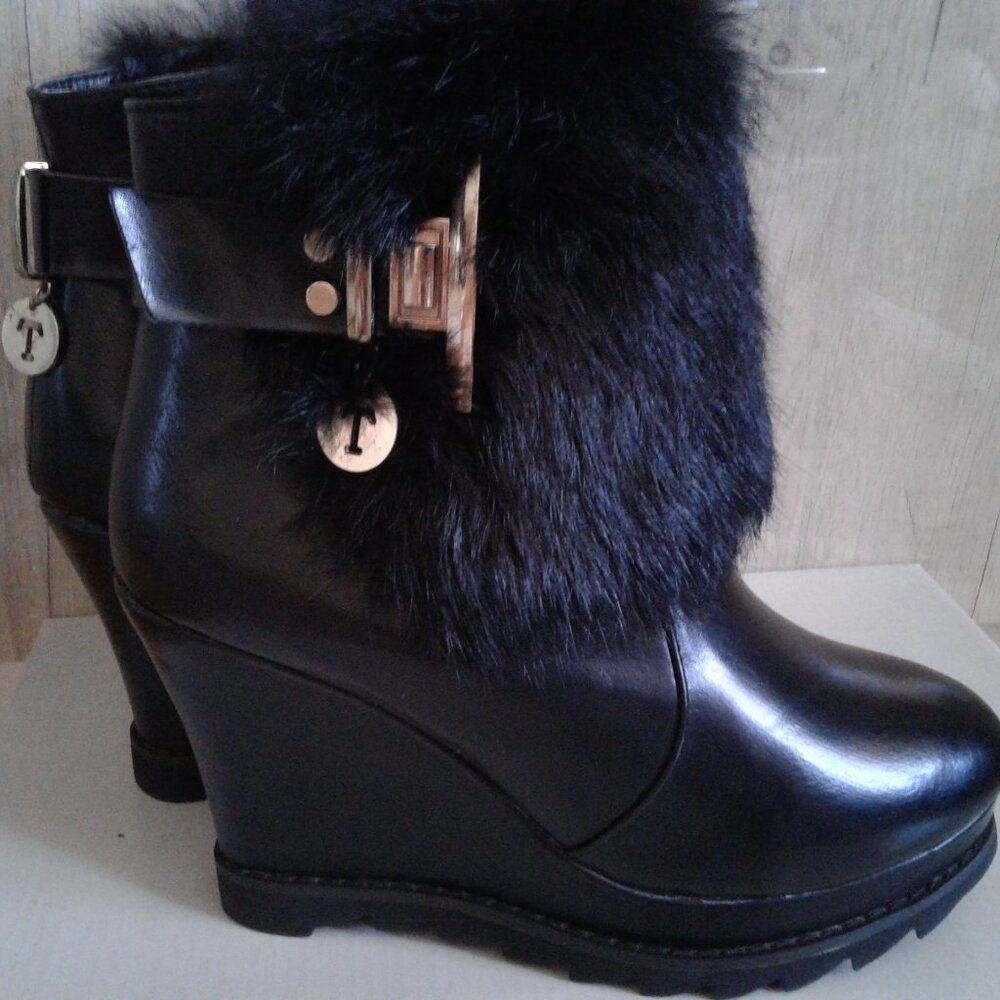 WOMEN BLACK WEDGE BOOTIES HIGH SHORT BOOTS INSULATED WINTER SHOES RABBIT FUR